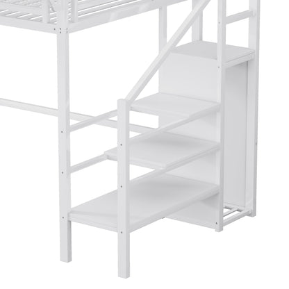 Twin XL Size Loft Bed with Stairs, Metal Full Loft Bed with Storage Shelves, High Loft Bed with Wardrobe for Kids Teens,White(Expect Arrival Date 2025/10/14) image 10