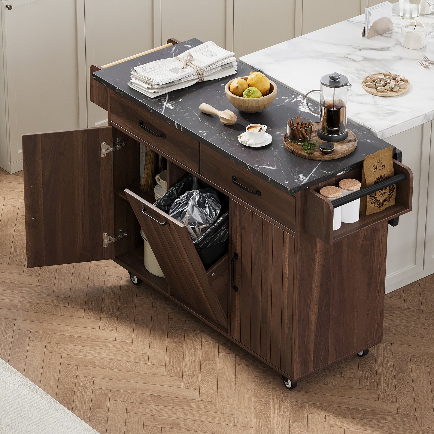 K&K Kitchen Island with Trash Can Storage Cabinet, Kitchen Cart with Drop Leaf, Spice Rack, Towel Rack and Drawer, Rolling Kitchen Island on Wheels with Adjustable Shelf, Walnut Brown image 1