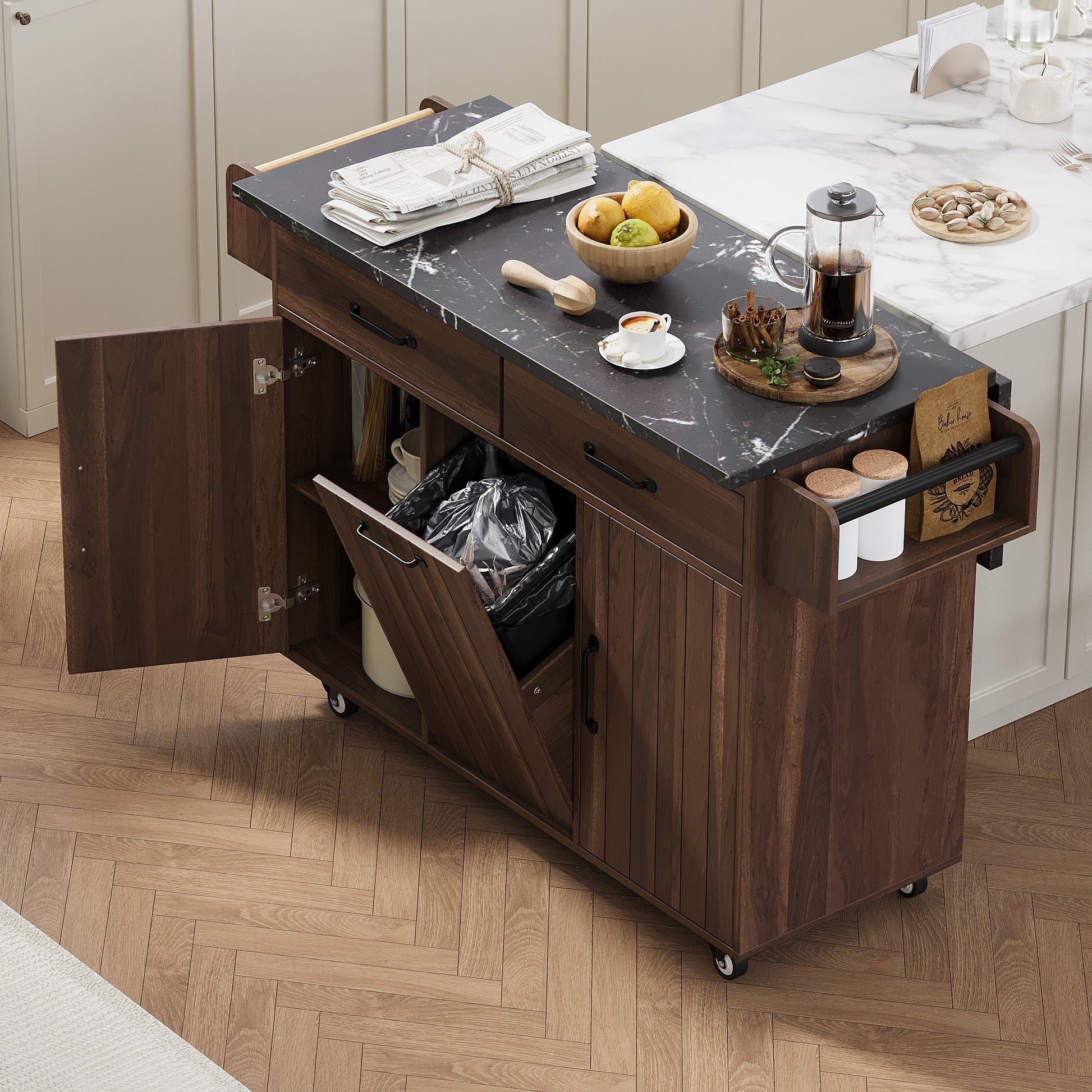 K&K Kitchen Island with Trash Can Storage Cabinet, Kitchen Cart with Drop Leaf, Spice Rack, Towel Rack and Drawer, Rolling Kitchen Island on Wheels with Adjustable Shelf, Walnut Brown image 1