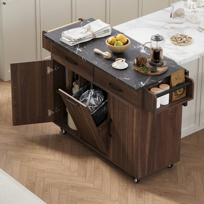 K&K Kitchen Island with Trash Can Storage Cabinet, Kitchen Cart with Drop Leaf, Spice Rack, Towel Rack and Drawer, Rolling Kitchen Island on Wheels with Adjustable Shelf, Walnut Brown image 1