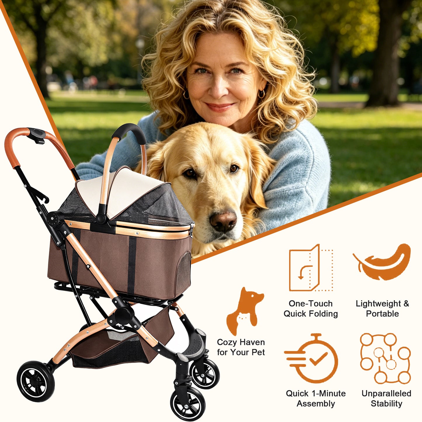 Pet Stroller for Dogs and Cats, 2-in-1 Detachable Foldable 4 Wheels Pet Stroller, Quick One-Hand Fold, Storage Basket, Detachable Carry Basket with Sun Canopy(Khaki++Gold) image 6