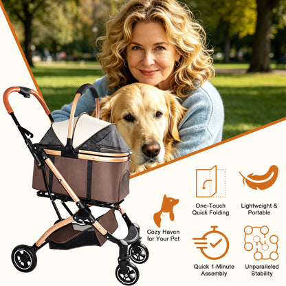 Pet Stroller for Dogs and Cats, 2-in-1 Detachable Foldable 4 Wheels Pet Stroller, Quick One-Hand Fold, Storage Basket, Detachable Carry Basket with Sun Canopy(Khaki++Gold) image 6