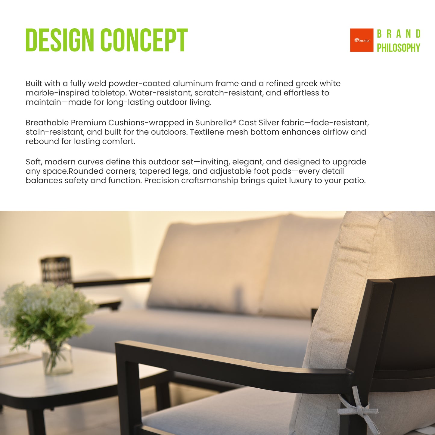 3PC Outdoor Aluminum Patio Furniture,Modern Fully Weld Swivel Lounge Chair Chat Set,Sunbrella Cushions,Elegance Arc 23.6'' Side Table with Greek White Marble-Inspired Sintered Stone Top,Ember Black image 2