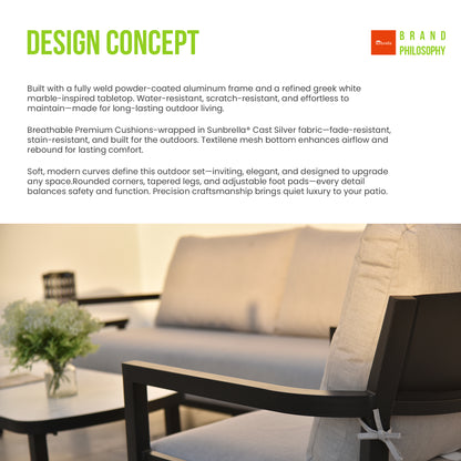 3PC Outdoor Aluminum Patio Furniture,Modern Fully Weld Swivel Lounge Chair Chat Set,Sunbrella Cushions,Elegance Arc 23.6'' Side Table with Greek White Marble-Inspired Sintered Stone Top,Ember Black image 2