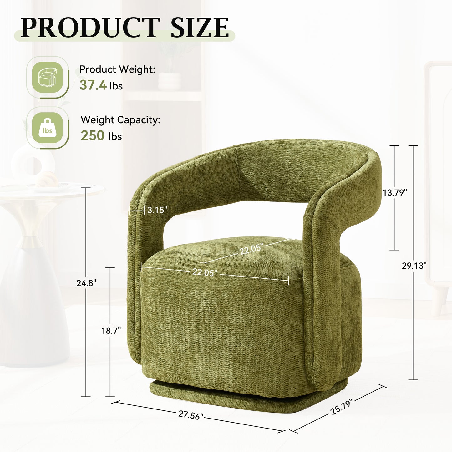 065-Chenille Fabric Swivel Accent Armchair, Comfy Barrel Leisure Chair With Curved Backrest, Upholstered Reading Chair With Black Swivel Base, 22-inch large seat depth and width, Green image 3