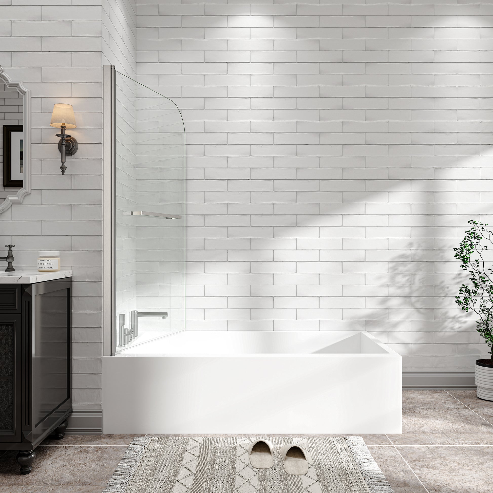 31"-32" W x 55" H Brushed Nickel Flexible 180° Pivot Shower Door Reversible Installation Frameless Bathtub Screen,1/4"(6MM) Tempered Glass With Nano Easy Cleaning And Stick Explosion-proof Membrance image 4