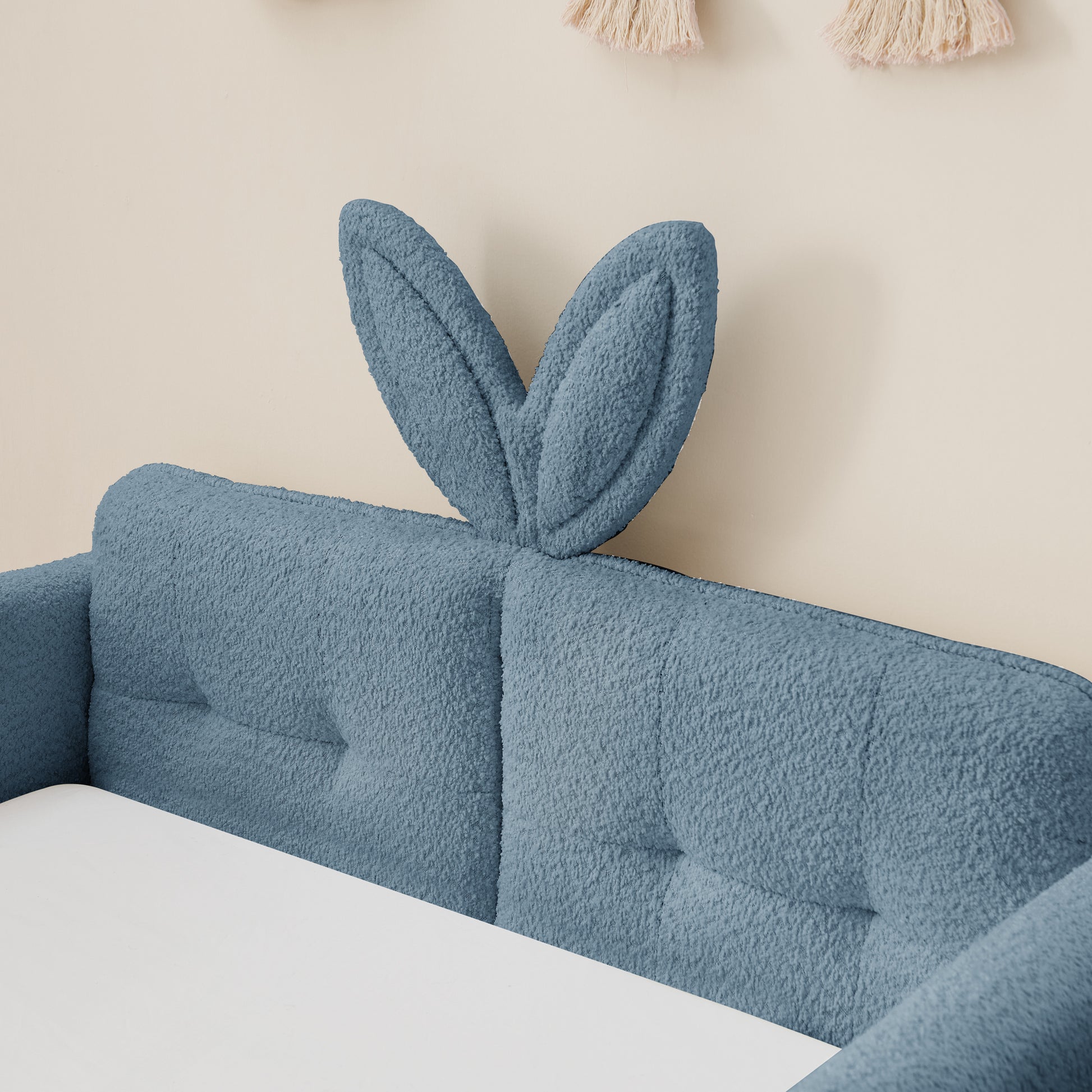 Twin Size Upholstered Platform Bed with Cute Rabbit Ear Shaped Headboard, with Safety Rail and Pocket, Boucle Fabric image 3