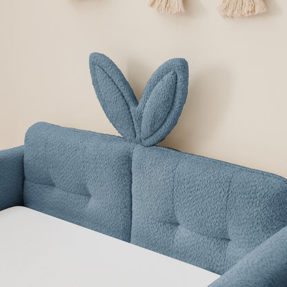 Twin Size Upholstered Platform Bed with Cute Rabbit Ear Shaped Headboard, with Safety Rail and Pocket, Boucle Fabric image 3