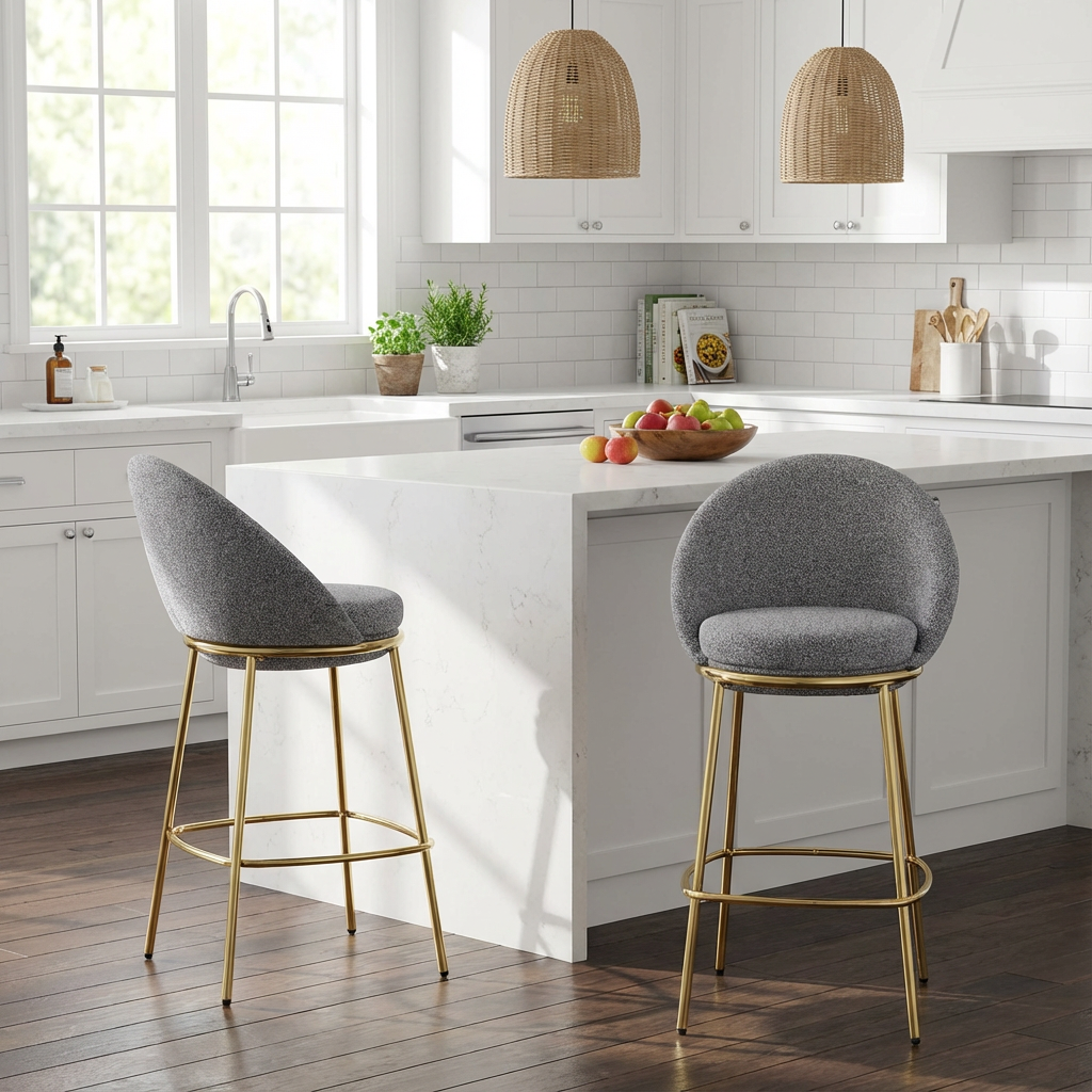 Celano Indoor Metal Upholstered Barstool, Gold-Plated Frame and Mixed Gray Upholstery, Set of 2 image 2