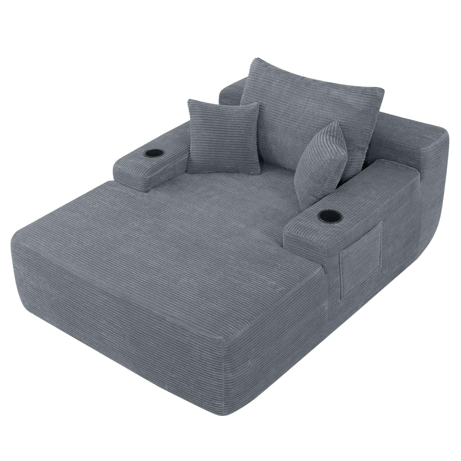 NEW Convertible Chaise Lounge Chair Corduroy with Wide Armrest & Throw Pillows, Cozy Boneless Sleeper Sofa Bed Armchair,with cup holder, for Living Room, Bedroom, No Assembly Required,Grey image 5