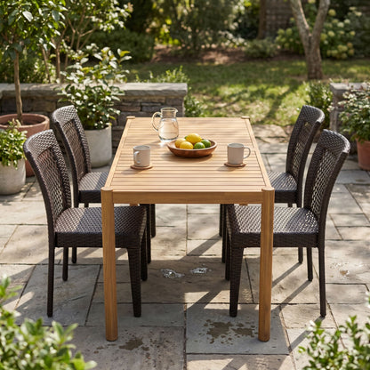 5-Piece Outdoor Dining Set, Acacia Wood Rectangular Patio Table & 4 PE Rattan Iron Frame Dining Chairs image 4