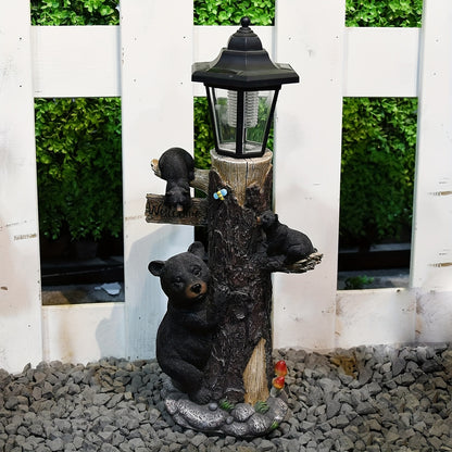 Black bear statue welcome sign garden statue with solar light, 19-inch resin bear family on tree, outdoor bear decoration for courtyard, garden, lawn, yard, perfect gift for Thanksgiving, Christmas, M image 2