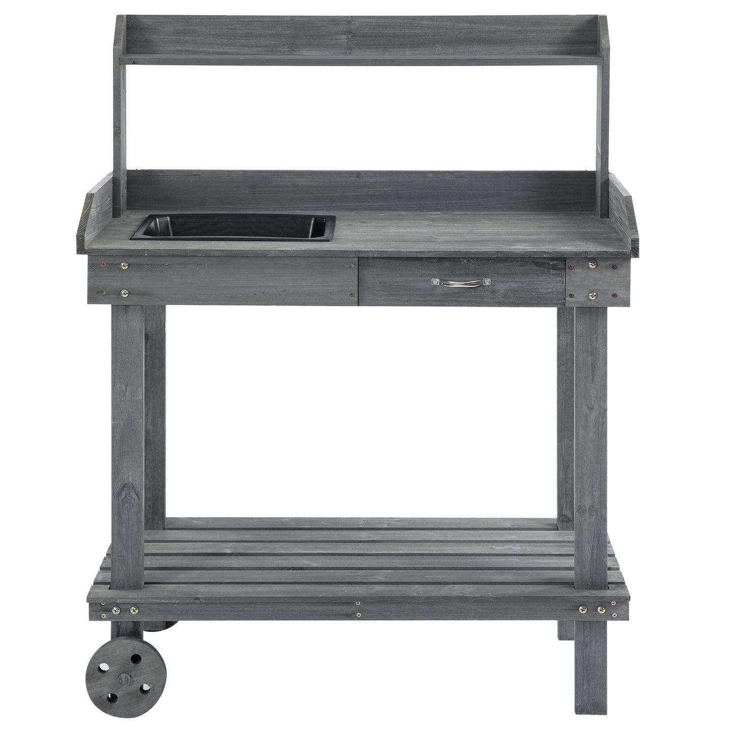 Outsunny 36'' Wooden Potting Bench Work Table with 2 Removable Wheels, Sink, Drawer & Large Storage Spaces, Gray image 7