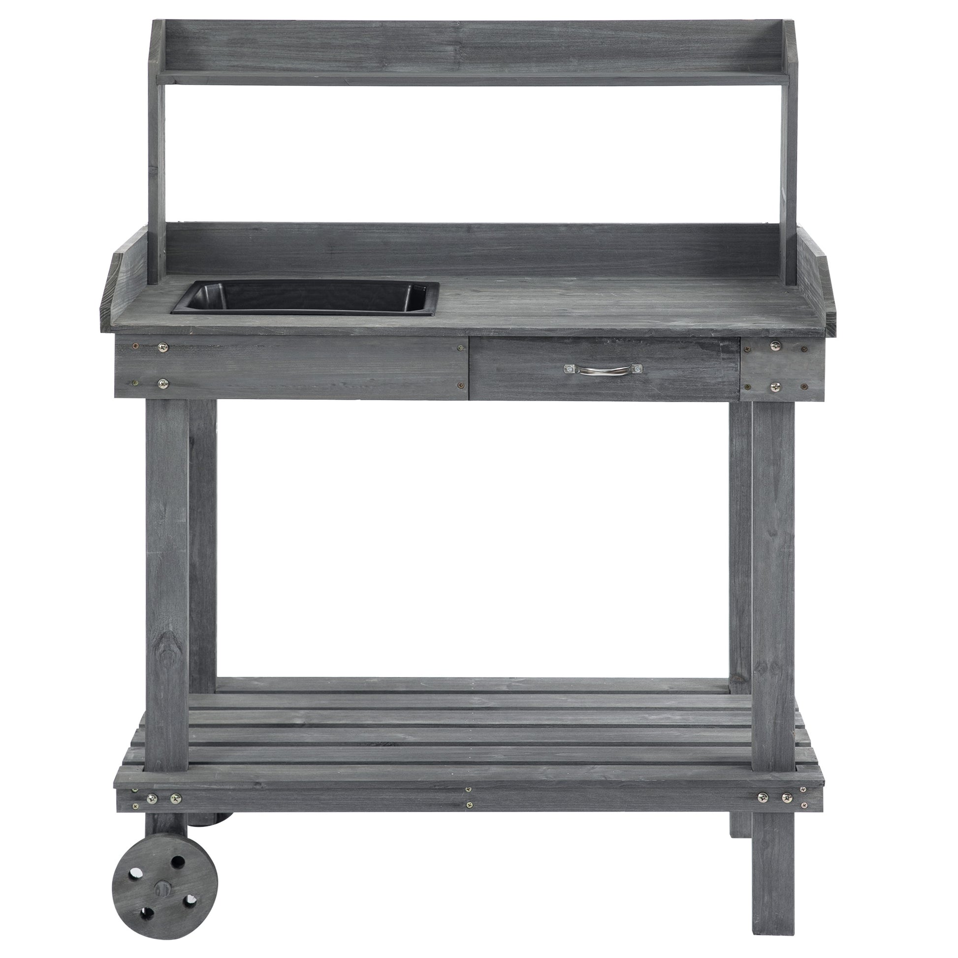 Outsunny 36'' Wooden Potting Bench Work Table with 2 Removable Wheels, Sink, Drawer & Large Storage Spaces, Gray image 7