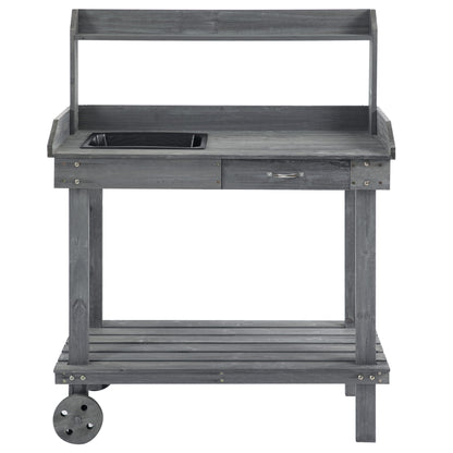 Outsunny 36'' Wooden Potting Bench Work Table with 2 Removable Wheels, Sink, Drawer & Large Storage Spaces, Gray image 7