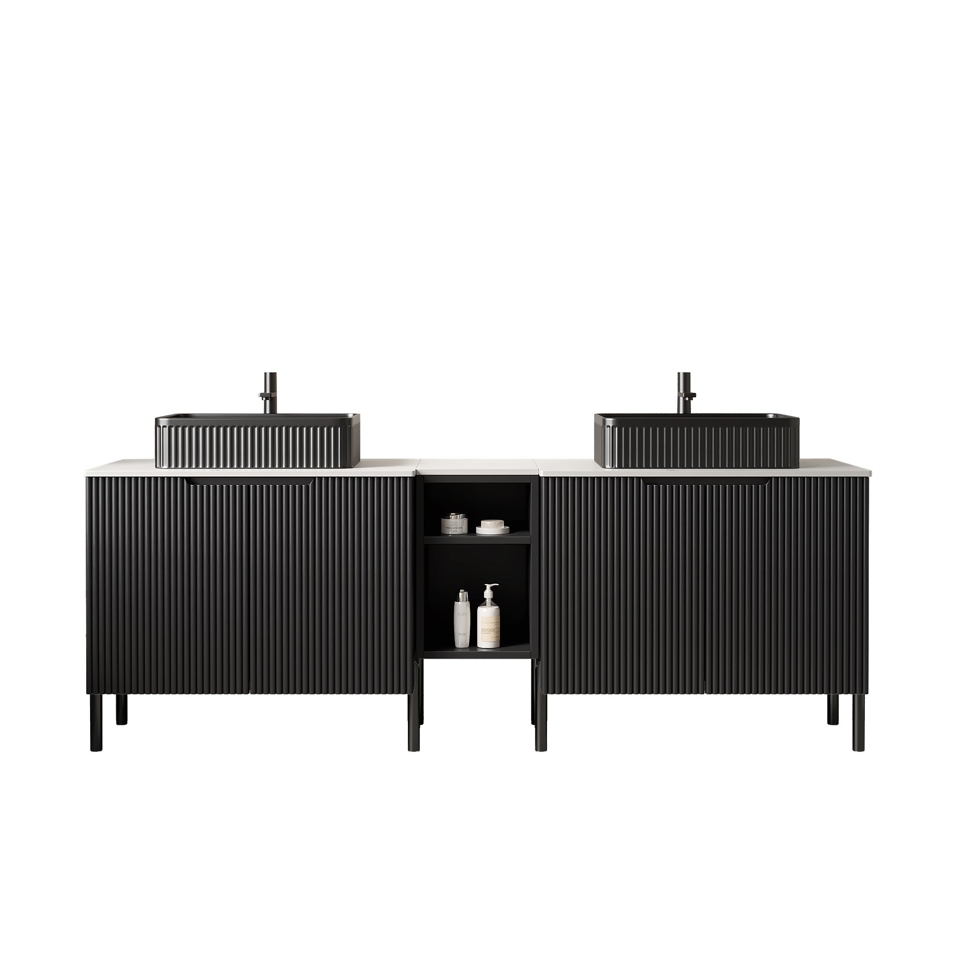 TURIO 72" Freestanding Double Bathroom Vanity with Sinks, 2x30" Striped Storage Cabinets + 12" Removable Open Shelf, 2 Black Striped Rectangle Vessel Basins with Carrara White Countertop, Black image 3