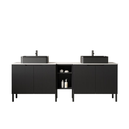 TURIO 72" Freestanding Double Bathroom Vanity with Sinks, 2x30" Striped Storage Cabinets + 12" Removable Open Shelf, 2 Black Striped Rectangle Vessel Basins with Carrara White Countertop, Black image 3