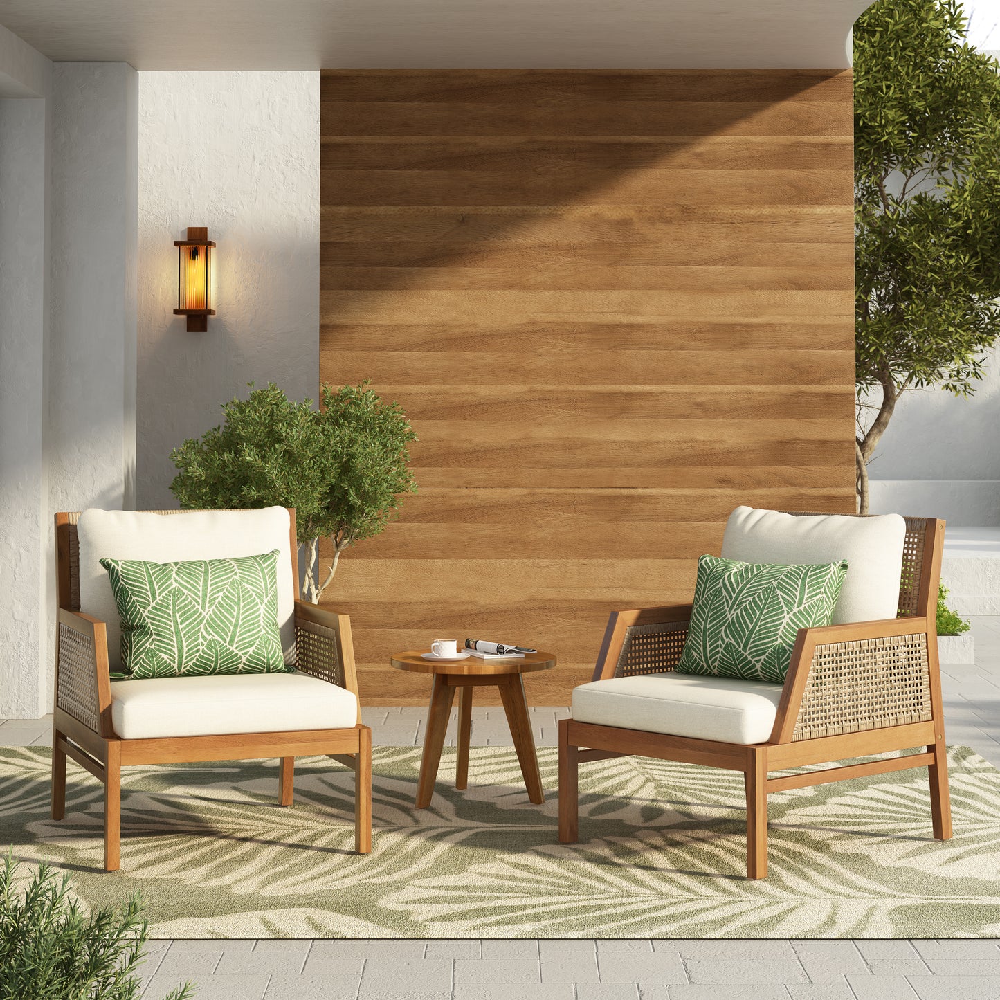 2 Piece Acacia Wood Patio Furniture Club Chair, Set of 2 Outdoor Wicker Armchair, Deep Seating with Soft Cushions for Porch, Garden, Backyard, Balcony, Teak & Mix Brown & Cream image 1