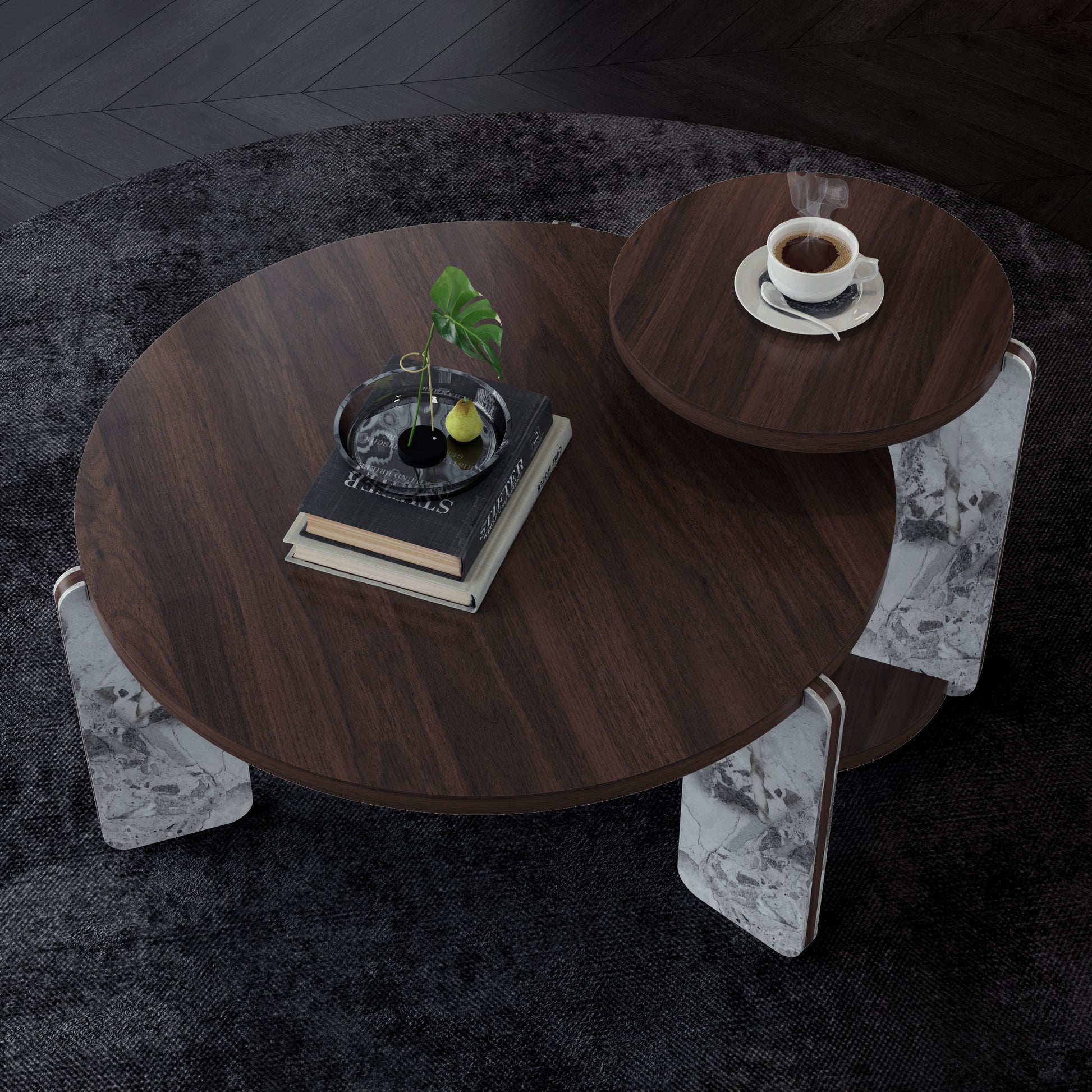 Modern Coffee Table with End Table Set, Durable walnut veneered MDF 83cm diameter Center Table with a 43cm diameter Side Table for Living Room, study room, strong and stable sintered stone legs/base image 2