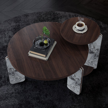Modern Coffee Table with End Table Set, Durable walnut veneered MDF 83cm diameter Center Table with a 43cm diameter Side Table for Living Room, study room, strong and stable sintered stone legs/base image 2