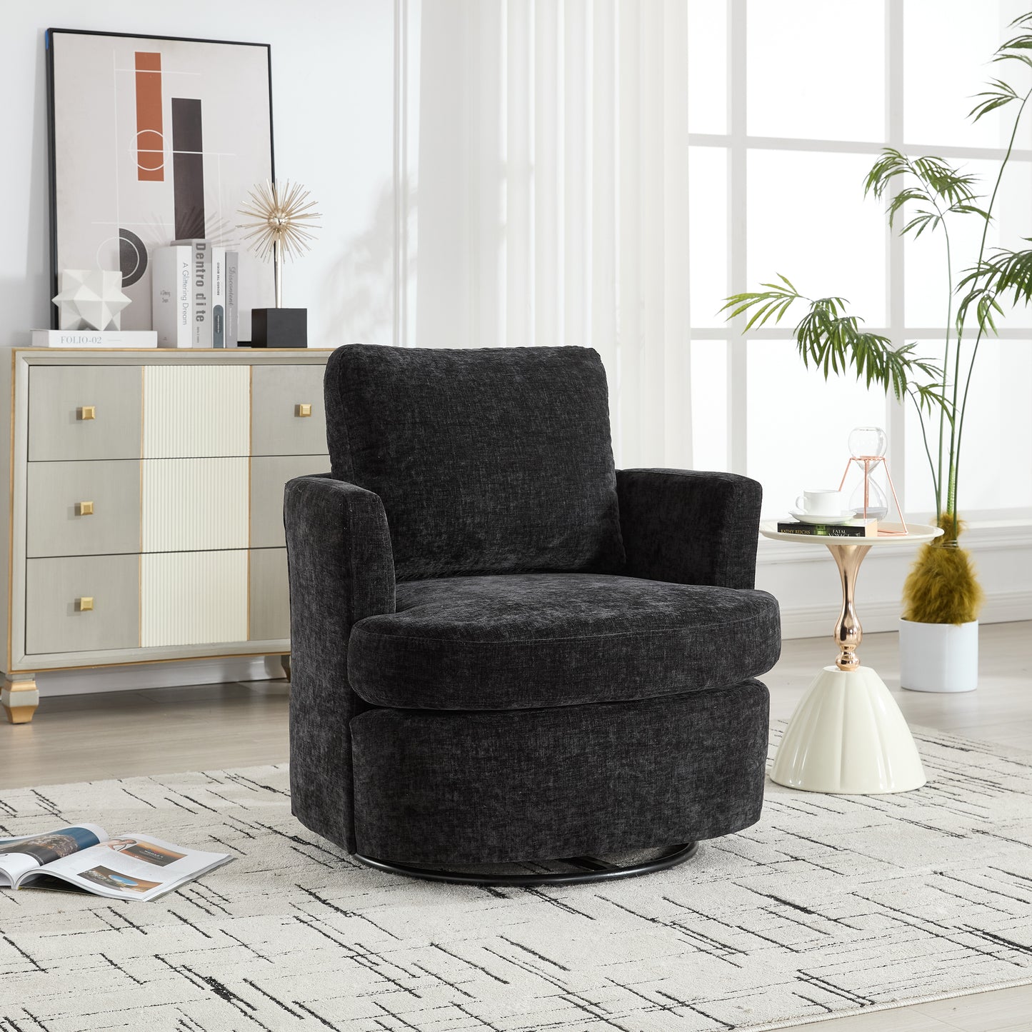 Vanity Chair,Swivel Accent Chair, 360 Degree Round Swivel Barrel Chair, Upholstered Comfy Swivel Chairs for Living Room,Accent Chairs for Bedroom, Reading Room,Powder Room,Black image 2