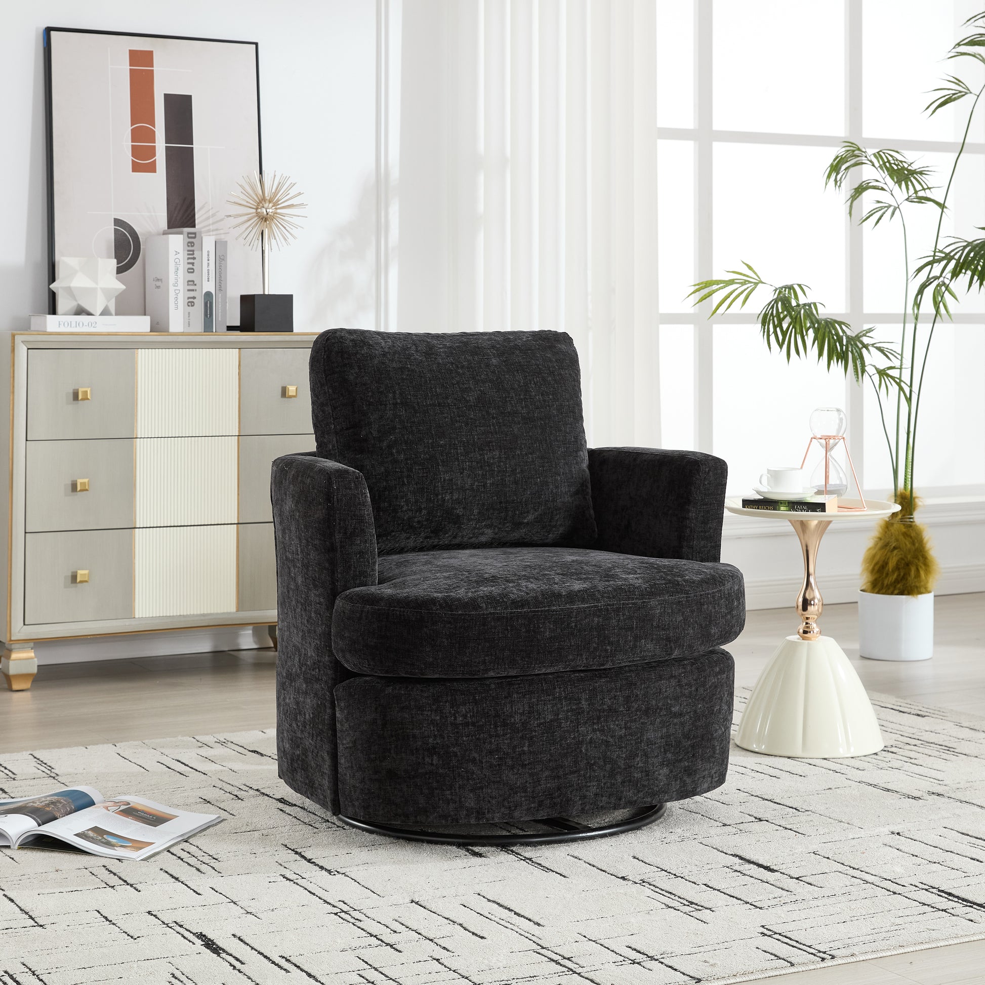 Vanity Chair,Swivel Accent Chair, 360 Degree Round Swivel Barrel Chair, Upholstered Comfy Swivel Chairs for Living Room,Accent Chairs for Bedroom, Reading Room,Powder Room,Black image 2