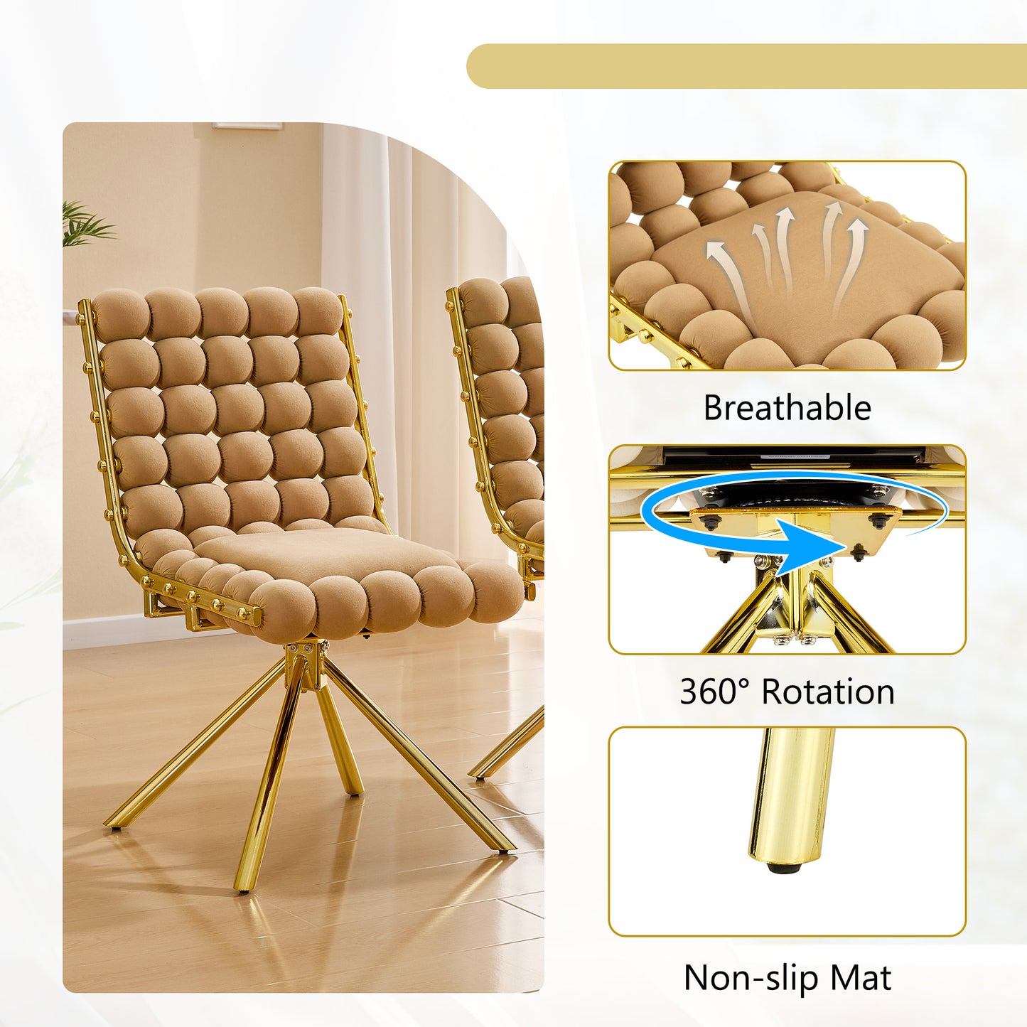 Set of 2 Tufted Ball Backrest Swivel Chair with Gold Metal Legs, Stylish Armless Chair for Home Office, Bedroom & Dining Area image 3