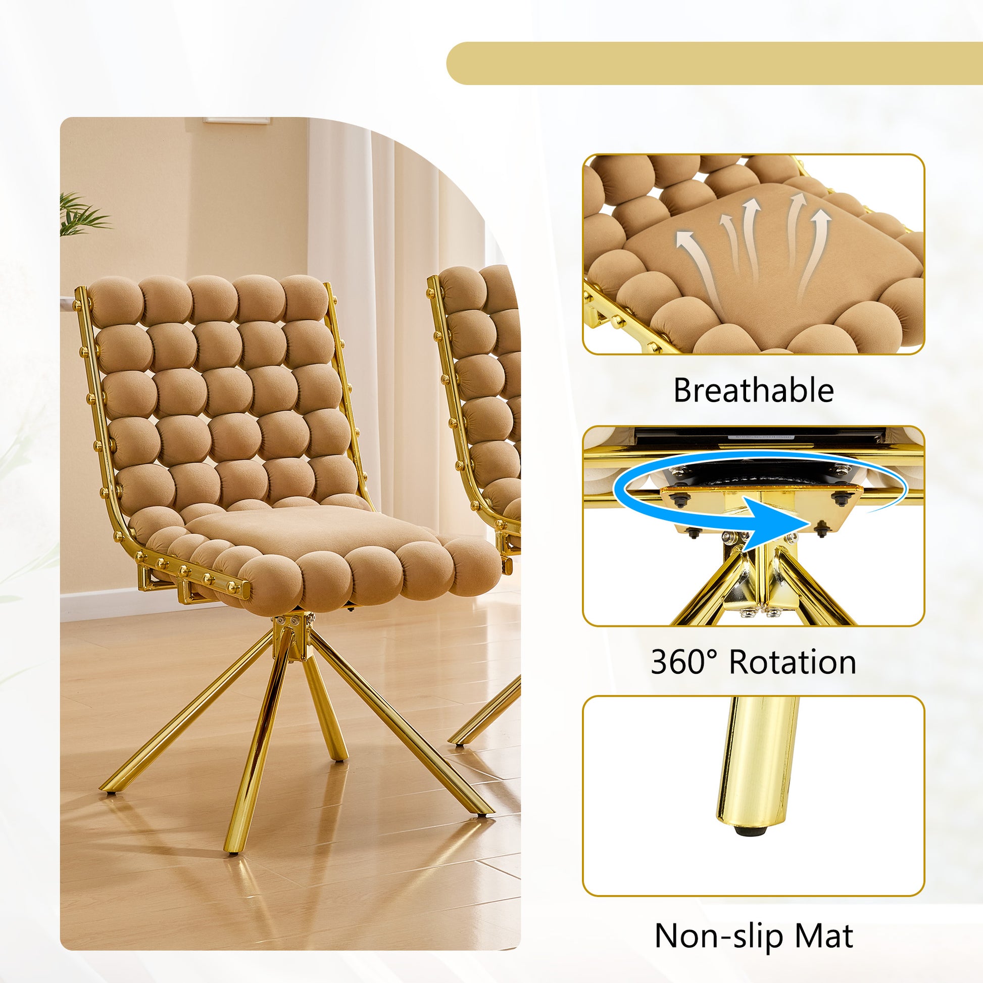 Set of 2 Tufted Ball Backrest Swivel Chair with Gold Metal Legs, Stylish Armless Chair for Home Office, Bedroom & Dining Area image 3