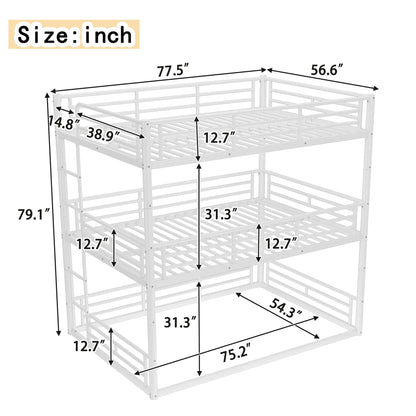 Full over Full over Full Bunk Bed, Metal Triple Bunk Bed with Safety Guardrails, Heavy-duty Bunk Bed with Noise-reduced Design, White image 6