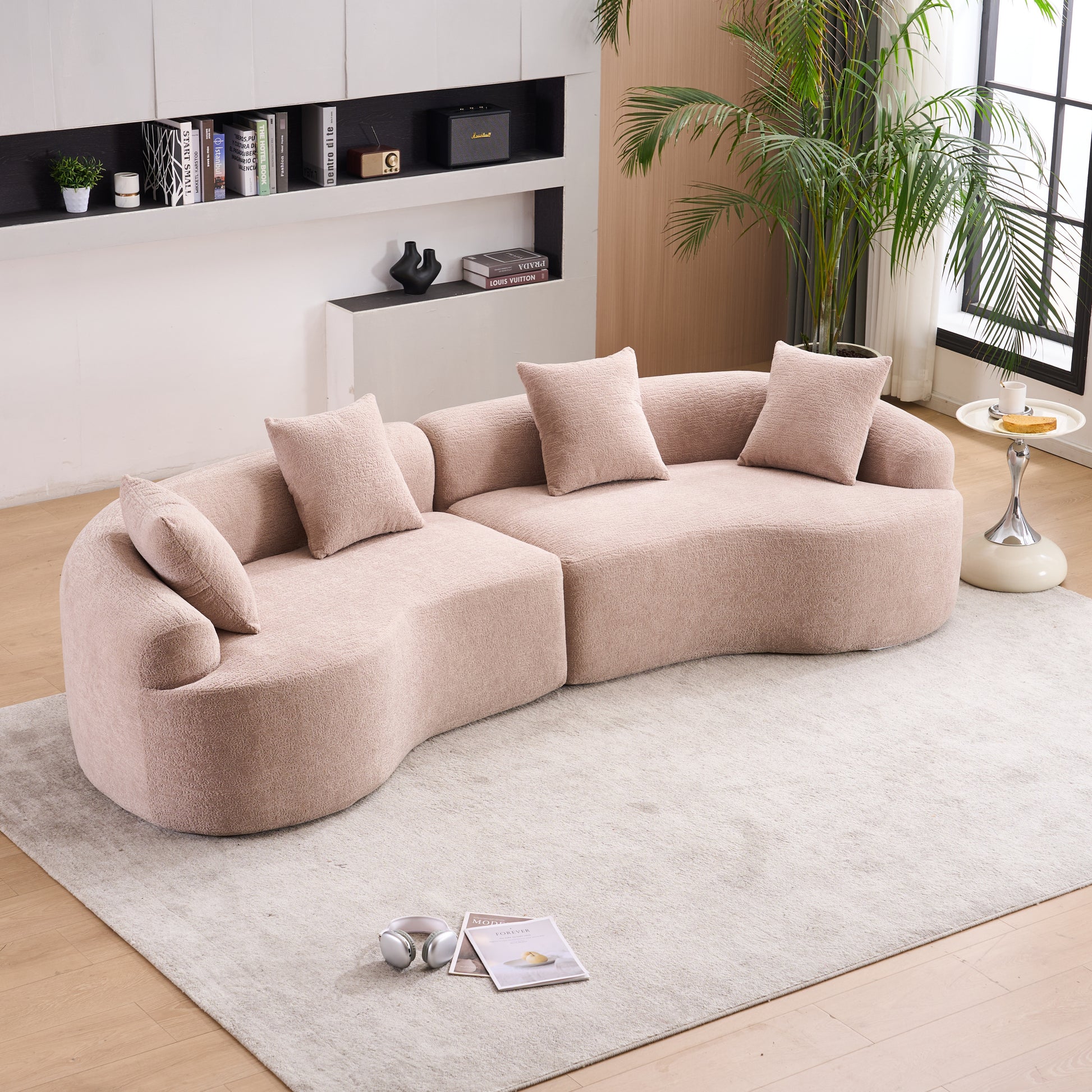 LY-025 Modular Sleeper Sectional Sofa, 4-Seater with Wood Grain Chenille Fabric, Warm Beige Convertible Sofa Bed, 30D High-Density Sponge Couch for Apartment & Living Room image 2
