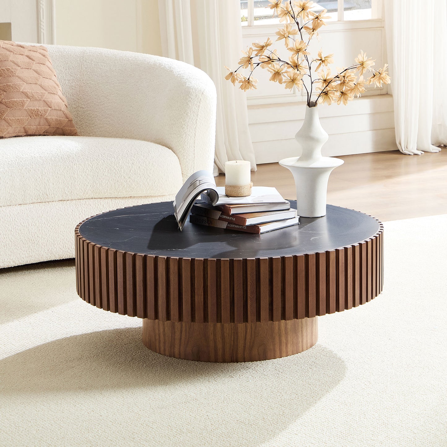 35.43'' Nesting Round Sintered Stone Tabletop Modern Drum Coffee Table Luxury Circle Coffee Table for Apartment Walnut image 1