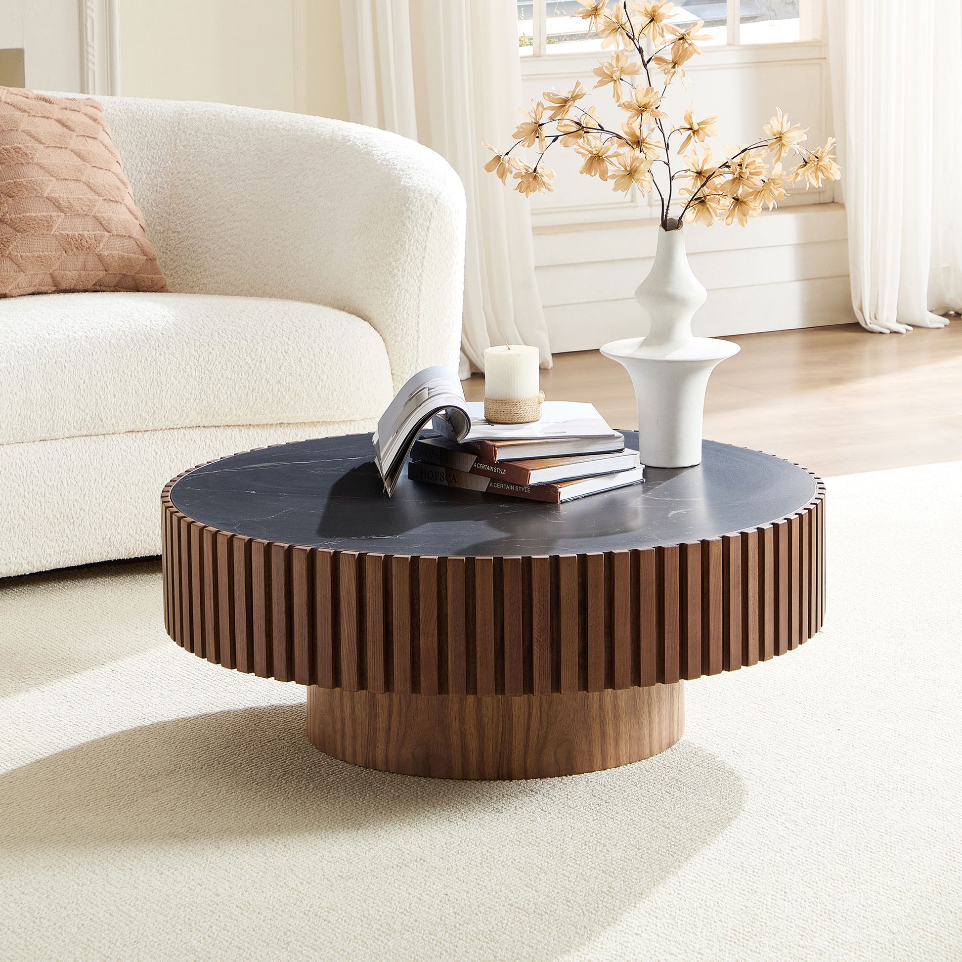 35.43'' Nesting Round Sintered Stone Tabletop Modern Drum Coffee Table Luxury Circle Coffee Table for Apartment Walnut image 1