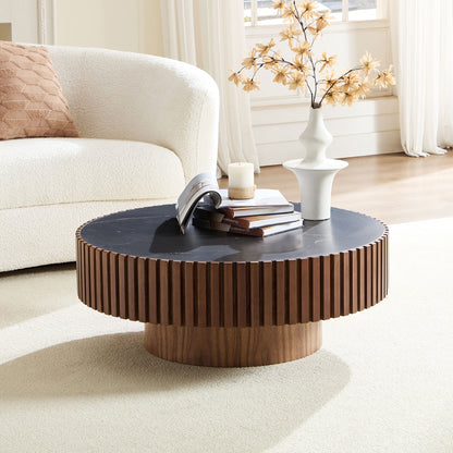 35.43'' Nesting Round Sintered Stone Tabletop Modern Drum Coffee Table Luxury Circle Coffee Table for Apartment Walnut image 1