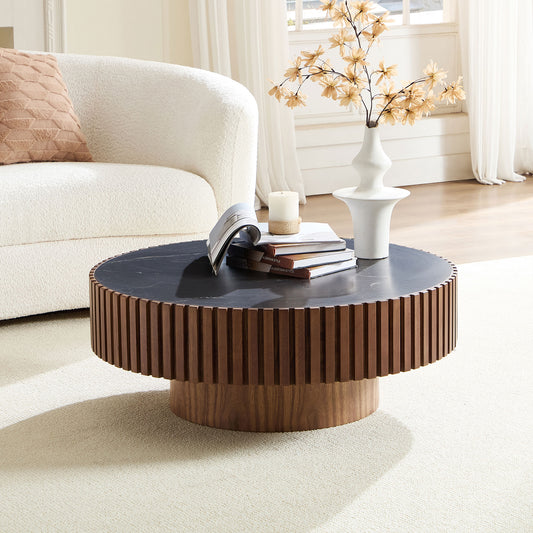 Round sintered stone coffee table modern drum walnut top view
