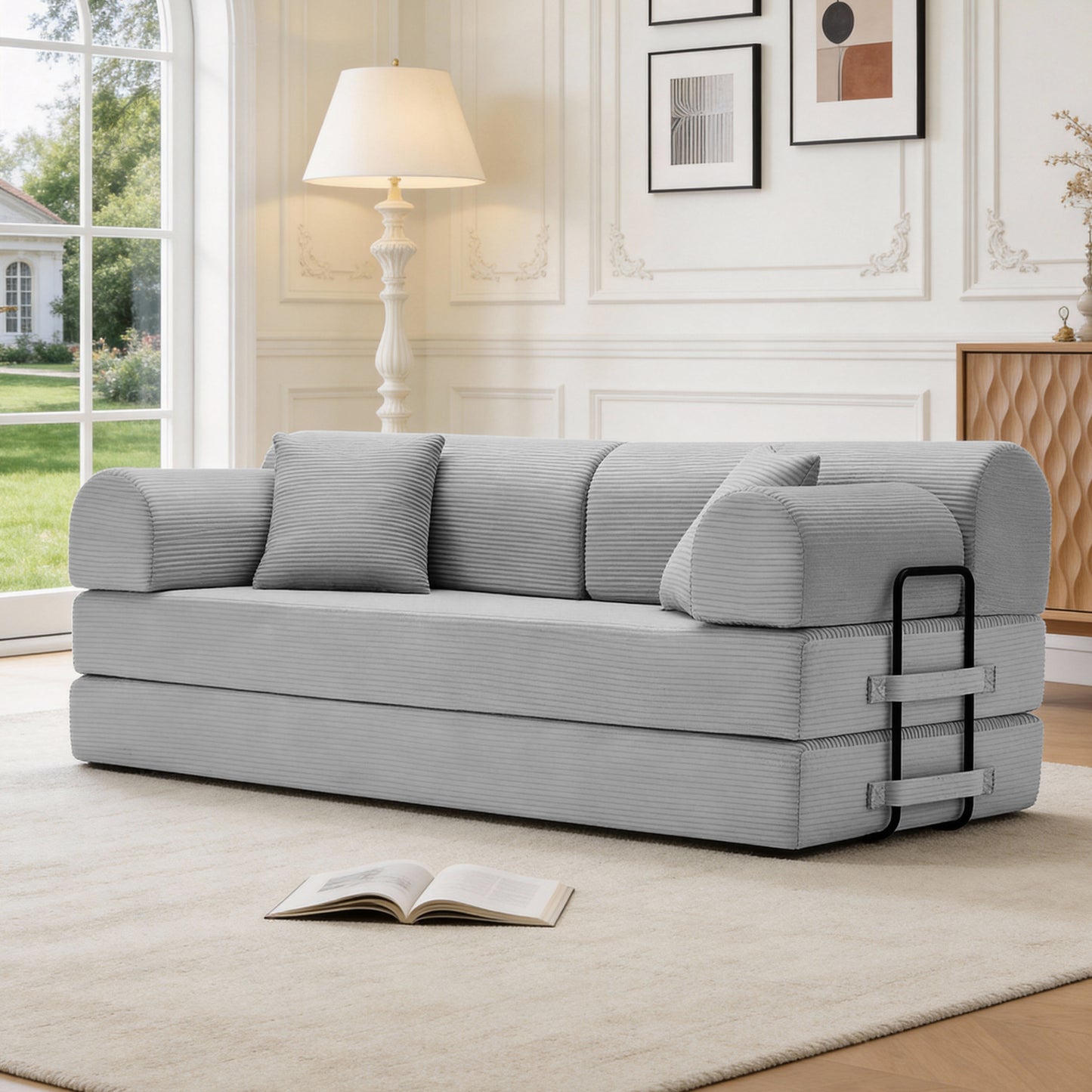 Convertible Sleeper Sofa Bed,Corduroy Folding Mattress Couch with Fixed-Shape Frame, Floor Sofa Lounge Couch for Living Room Bedroom(Light Gray) image 1