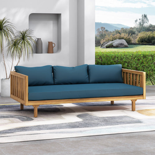 Acacia Wood Patio Furniture Set,Outdoor 3 Seater Daybed(with Water Resistant Thick Cushions)and Round Coffee Table, Dark Teal Cushion image 9