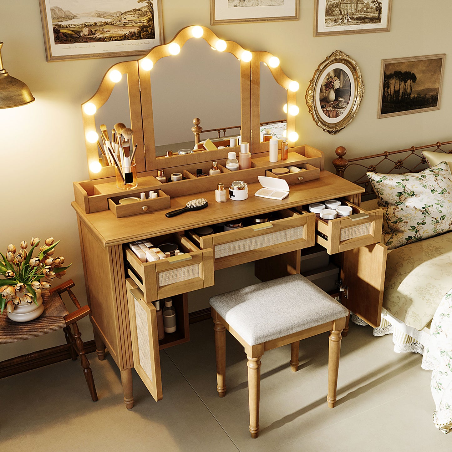 44.37" Makeup Vanity Desk with Stool Set, 13 Hollywood Bulbs & 3 Lighting Modes Dressing Table, Tri-Fold Mirror Large Vanity Table with Cushioned Stool, Charging Station, Ample Storage, Natural image 3