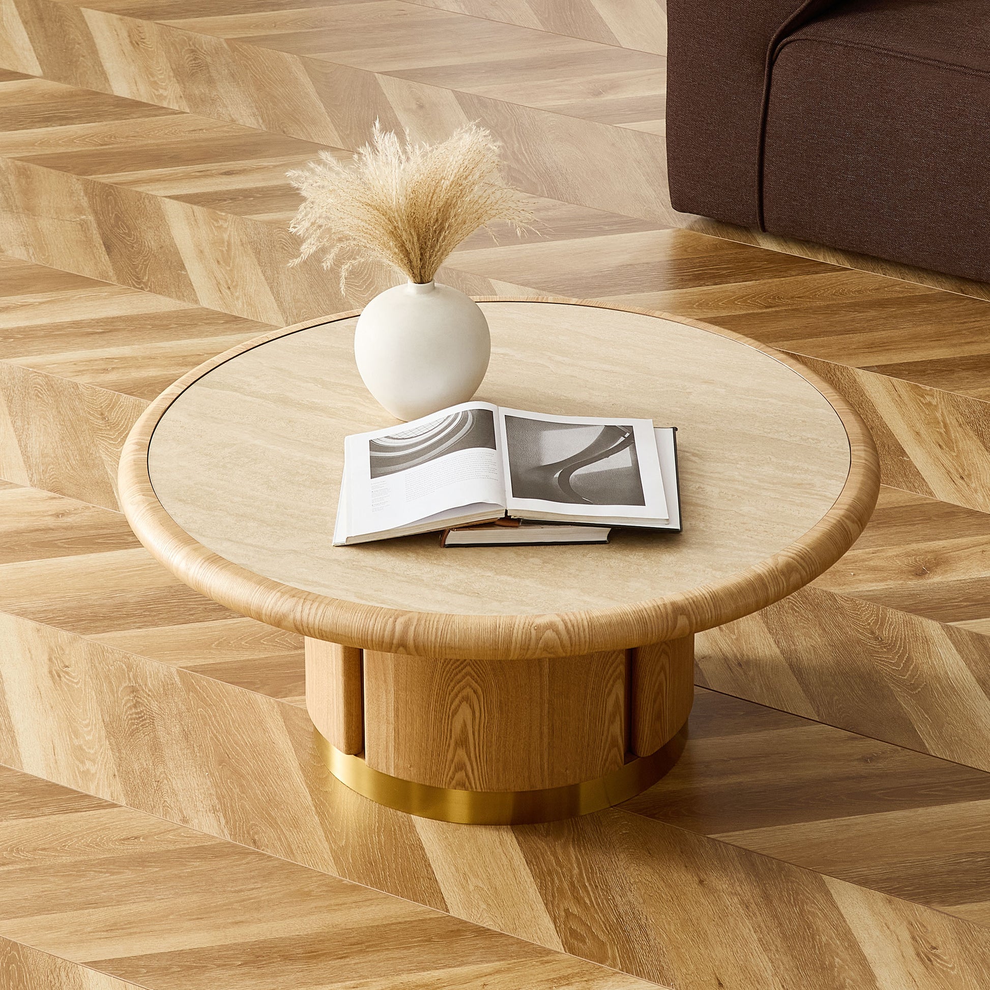 35.43 inch Round Coffee Table, Table with Sturdy MDF Pedestal with Brushed Stainless Steel,Sintered Stone Tabletop Table,Rounded Sofa Side Table for living Room,Office image 6