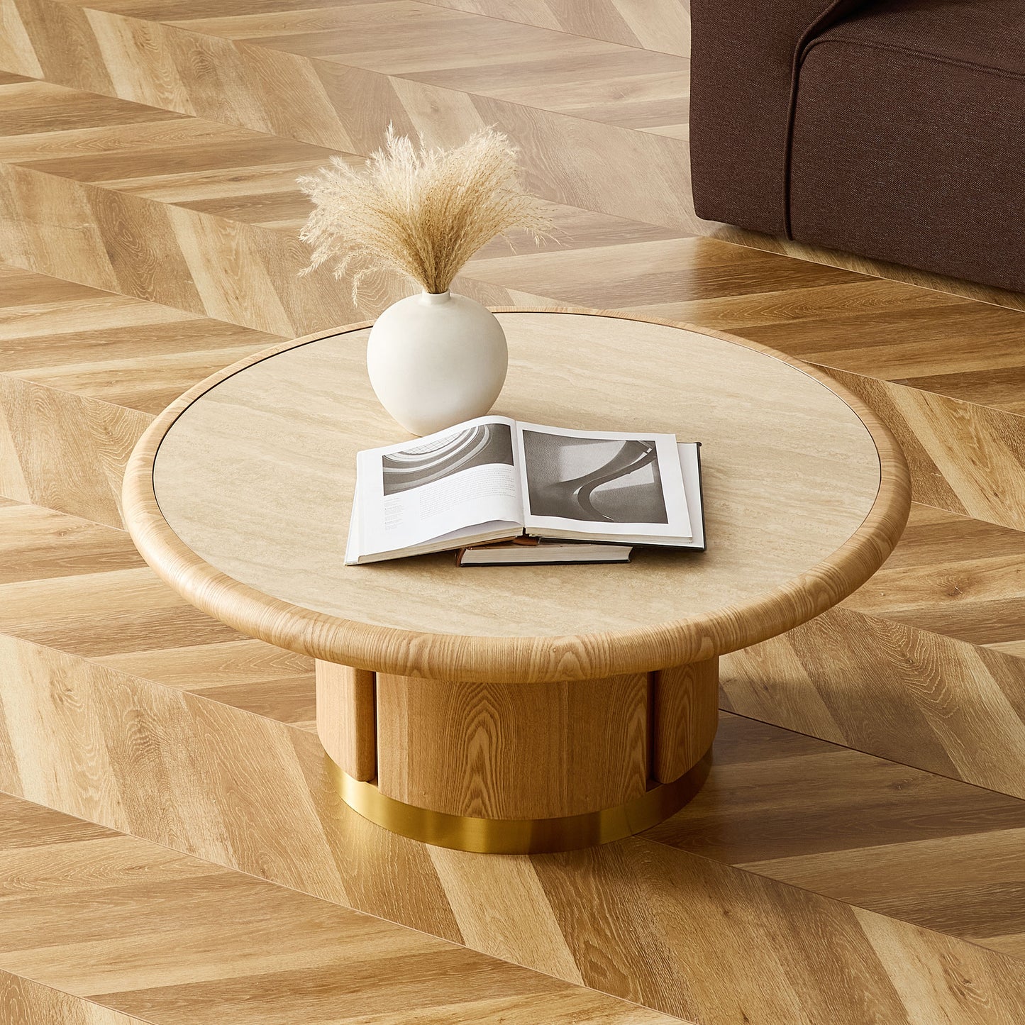 35.43 inch Round Coffee Table, Table with Sturdy MDF Pedestal with Brushed Stainless Steel,Sintered Stone Tabletop Table,Rounded Sofa Side Table for living Room,Office image 6
