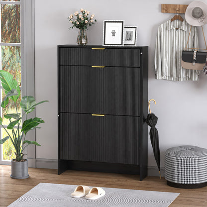 Narrow Fluted Shoe Storage Cabinet for Entryway, Freestanding Drawer Shoe Rack with Gold Pull Handles, Modern Slim Shoe Organizer Cabinet for Hallway Bedroom Closet, Black image 1