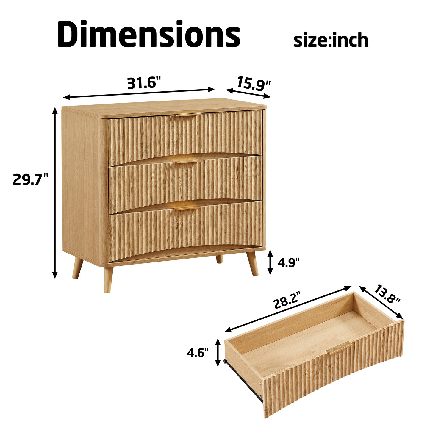 Fluted 3 Drawer Dresser Set of 2, Modern Tall Chest of Drawers with Vertical Grooved Design, Wood Storage Cabinet with Metal Handles for Bedroom Living Room, Oak. (23.6"W x 15"D x 30"H). image 6