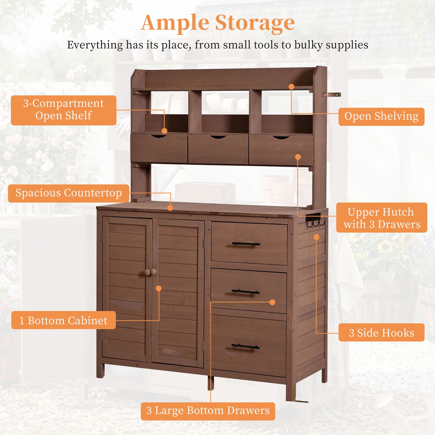 (With Assembly Video) TOPMAX Farmhouse Patio Potting Bench, 44.6''x19.5'' Large Freestanding Garden Workstation with 6 Drawers, Bottom Cabinet and Side Hook, Outdoor Kitchen Island, Brown image 6