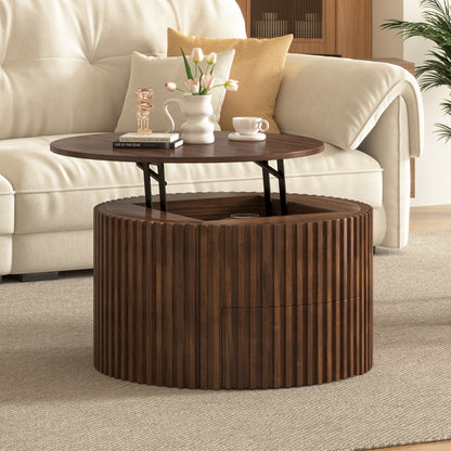 VIBE HAUS Round Lift Top Coffee Table, Modern Fluted Wood Accent Coffee Table with Hidden Storage for Living Room image 3