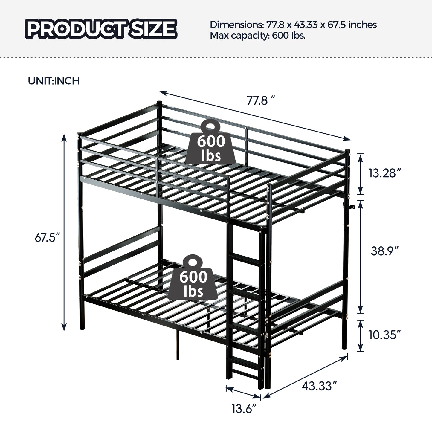 Bunk Bed Twin Over Twin for Kids/Teens/Adults Duty 2 Decker Bed with Flat Ladder, Metal Space Saver Bed with Stairs, Black image 2