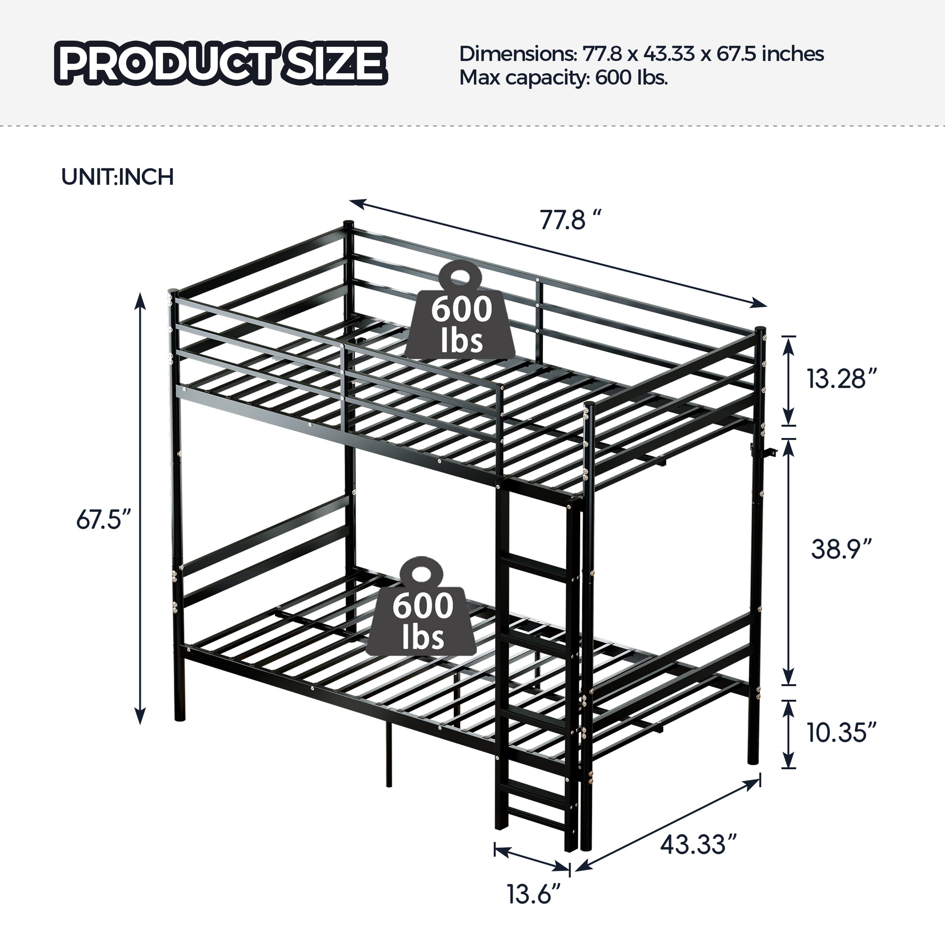 Bunk Bed Twin Over Twin for Kids/Teens/Adults Duty 2 Decker Bed with Flat Ladder, Metal Space Saver Bed with Stairs, Black image 2