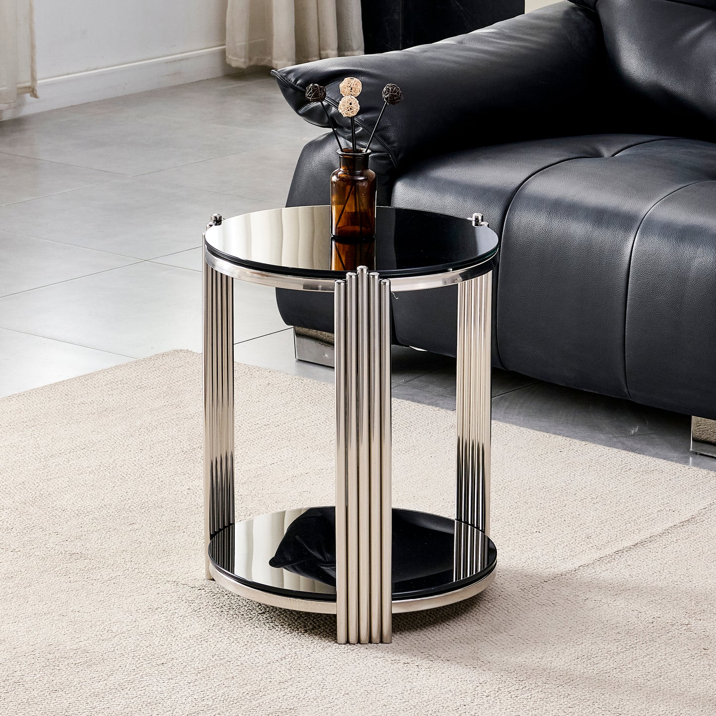 16.90 Inch Modern End Table, Bedside Table,Double-Layer Tempered Black Glass & Silver Stainless Steel Frame Living Room Table, Round Table,Easy Assembly. image 1