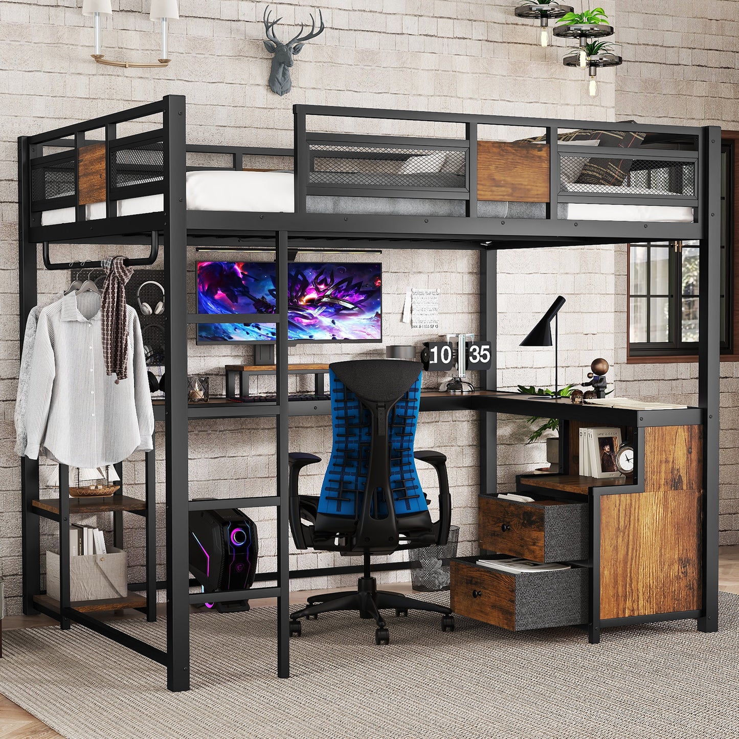 Queen Loft Bed with Desk and Storage Non-woven Fabric Drawers, Metal Loft Bed Frame with Ladders, Nosie-free and No Spring Box Needed, Black image 1