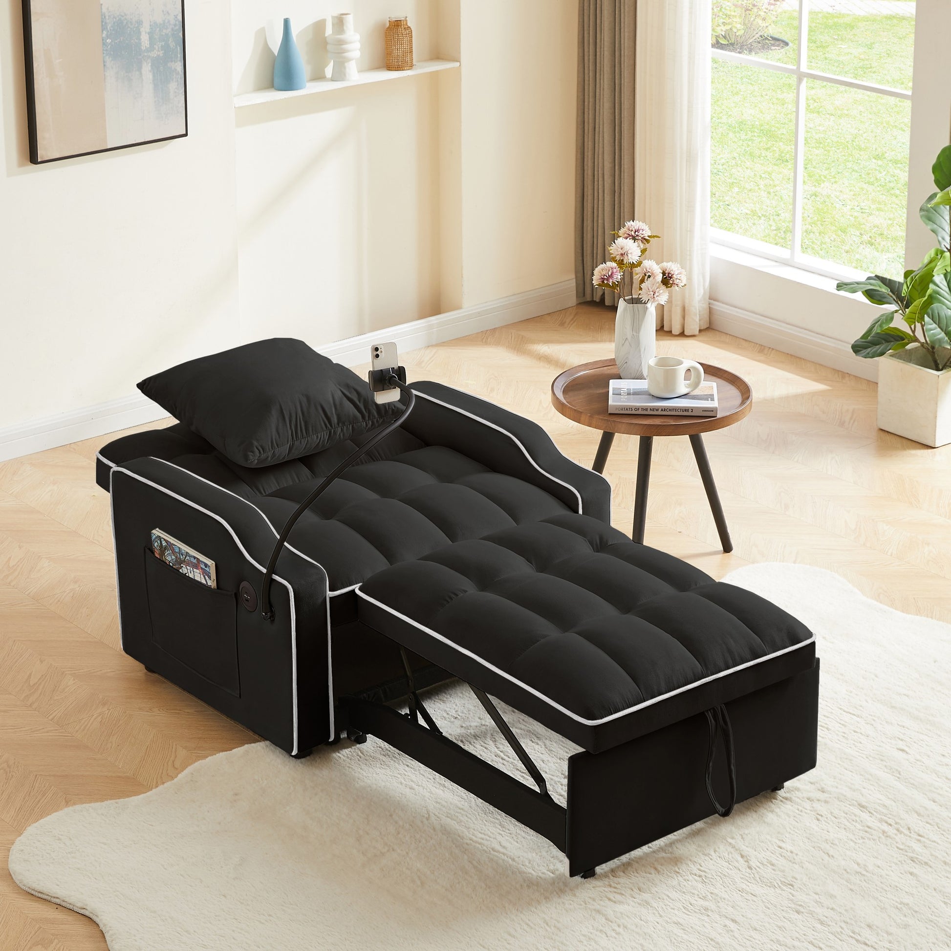 Sleeper Sofa Chair Bed, 3 In 1 Convertible Sofa Chair With With Adjustable Backrest & Phone Holder & USB, Type-C, Adjustable Recliner, Armchair For Living Room Bedroom Apartment Small Space, Black image 6