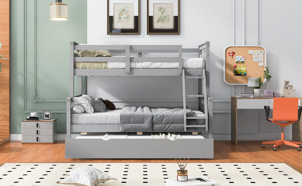 Twin over Full Bunk Bed with Ladder, Twin Size Trundle, Safety Guardrail, Gray image 5