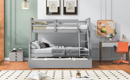 Twin over Full Bunk Bed with Ladder, Twin Size Trundle, Safety Guardrail, Gray image 5